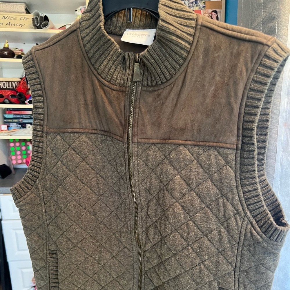Liz Claiborne Forrest green faux suede knit zip up vest sz xl
